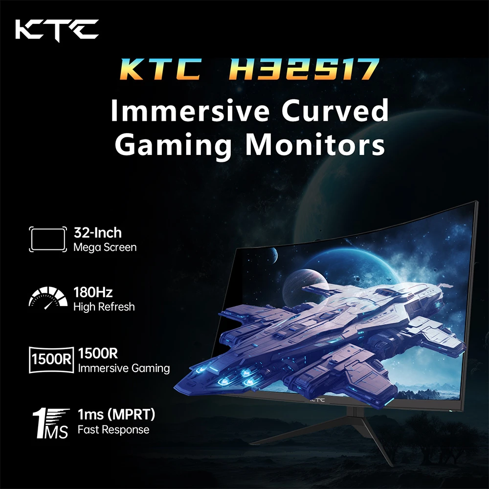 KTC H32S17 32 inch 1500R Curved Gaming Monitor 2560x1440 QHD 180Hz 16:9 ELED 99% sRGB HDR10 1ms MPRT Response Time Low-blue Compatible with FreeSync and G-SYNC USB HDMI2.0 2xDP1.4 Audio Out Flexible Adjustment with Sturdy Tripod VESA Mount Displayer