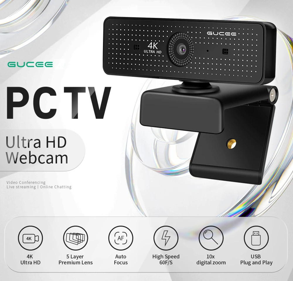 GUCEE HD86-4KAF Webcam, 4K Ultra HD, Auto Focus, 10x Digital Zoom, Built-in Microphone, High-speed 60F/S - EU Plug