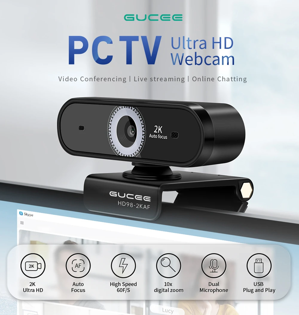 GUCEE HD98-2KAF Webcam, 2K Ultra HD, Auto Focus, High-speed 60F/S, 10x Digital Zoom, Dual Microphone - EU Plug