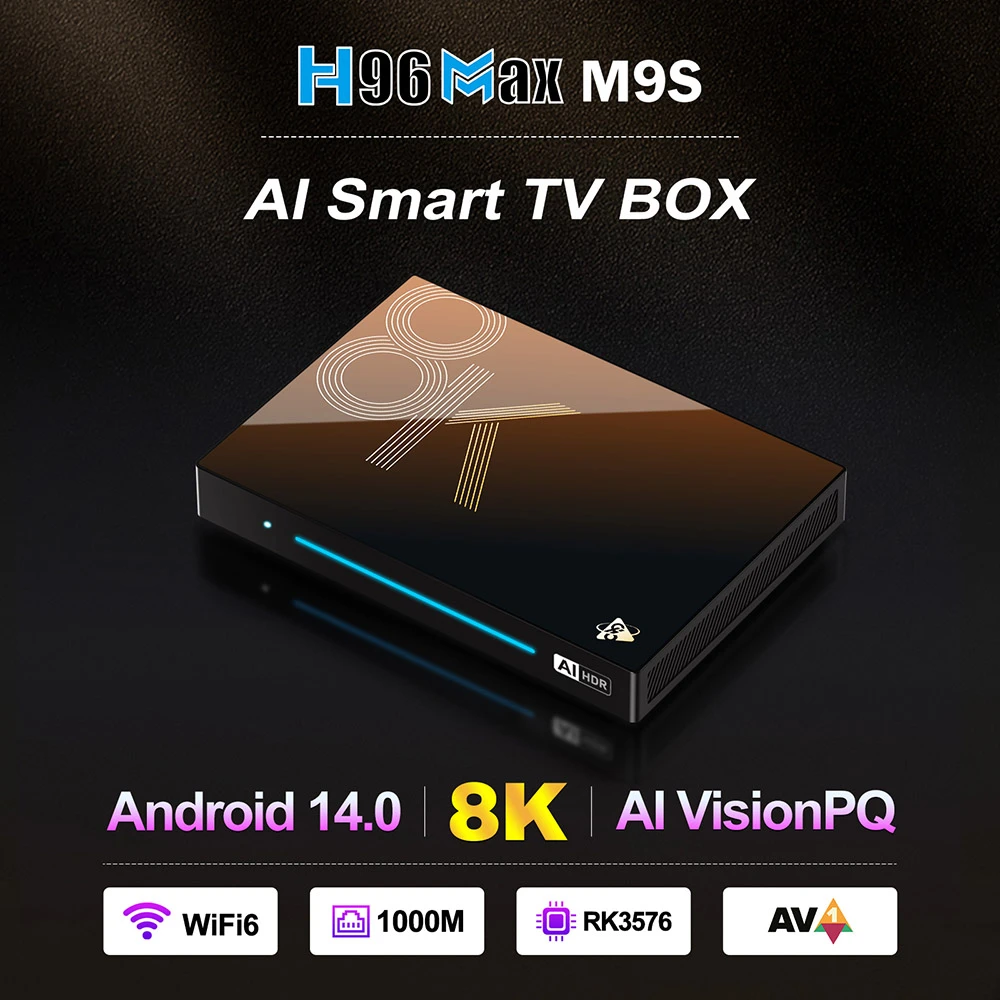 H96 Max M9S Android 14 TV Box, 4GB RAM 32GB ROM, RK3576 8 Cores, 8K AV1 Decoding, WiFi 6, Bluetooth 5.4, 1*USB3.0 1*USB2.0 1*HDMI2.1 1*1000M Ethernet 1*SPDIF 1*Audio