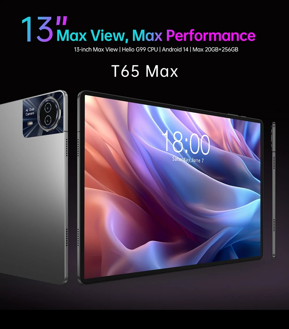 Teclast T65 Max Tablet, 12.95inch Max Display, 1920*1200, Android 14, MT6789 CPU, 256GB ROM, Helio G99 Octa-core Gaming Tablet, 10000mAh/18W Fast Charge, 2.4G/5G WiFi, 8+13MP Dual Camera, with Case